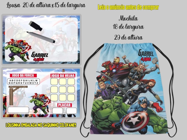 Kit Mochilinha e Lousa Magica para lembrancinhas de Aniversario do Vingadores