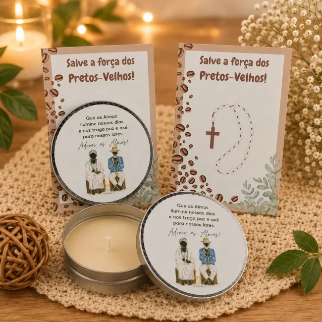 60 unidades de Vela Aromática na latinha Personalizada, Preto velho - Ibejada - Orixás e Entidades, fazemos qualquer tema.