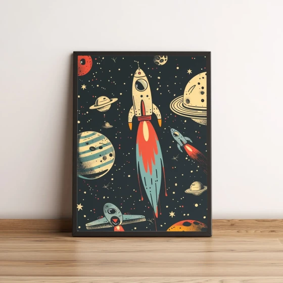 Quadro Foguetes e Planetas Estilo Retrô Colorido 2696