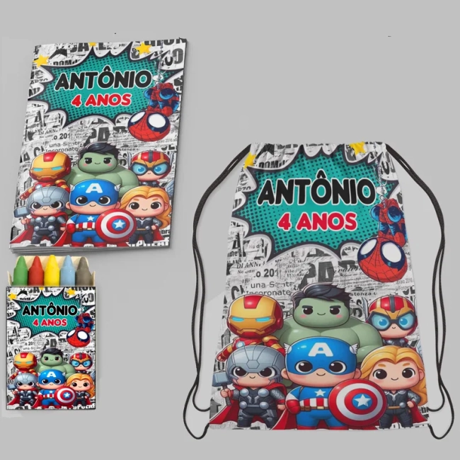 Kit Lembrancinhas Mochila e Revista personalizada dos Super Heróis Baby