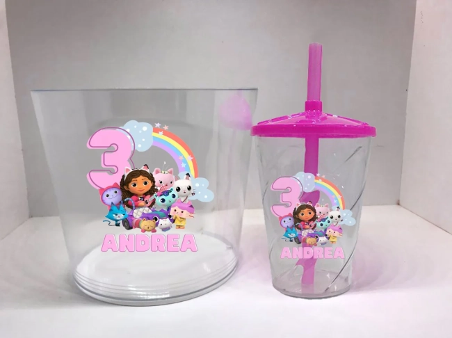 Kit Balde de Pipoca acrilico + Copo twister Personalizado Casa Mágica da Gabby
