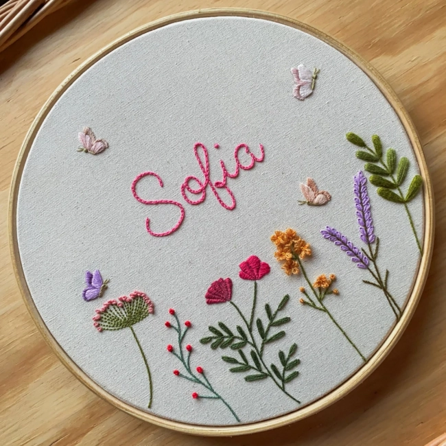 Porta Maternidade Jardim de Flores com Nome | Bordado à Mão Personalizado