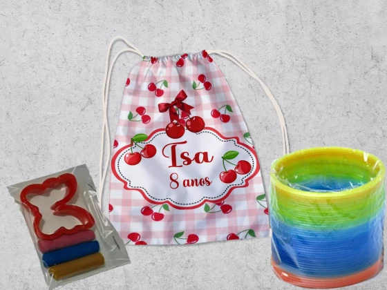 Kit Mochilinha + Mini Massinha de modelar e Mola Maluca Cerejinha