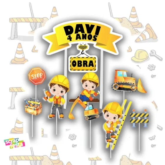 Topo de Bolo Personalizado Festa Construção Obra
