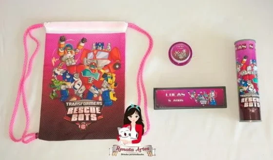 Kit Jogos na Mochila Transformers Rescue Bots Rosa