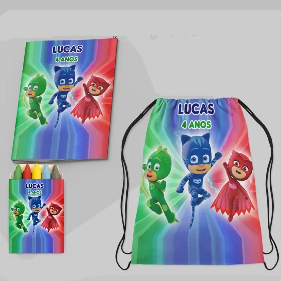 Kit Lembrancinhas Revista de Colorir e mochila personalizada dos PJ MASKS