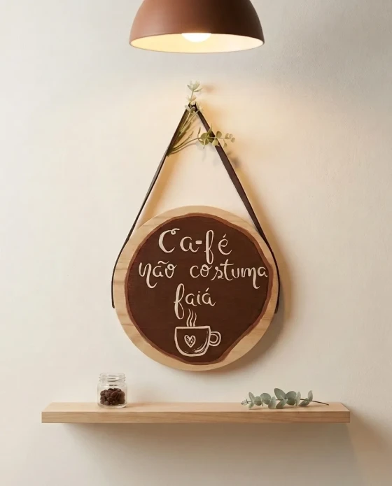 Placa Decorativa Cantinho do Café Madeira Pinus com Alça Courino 20cm