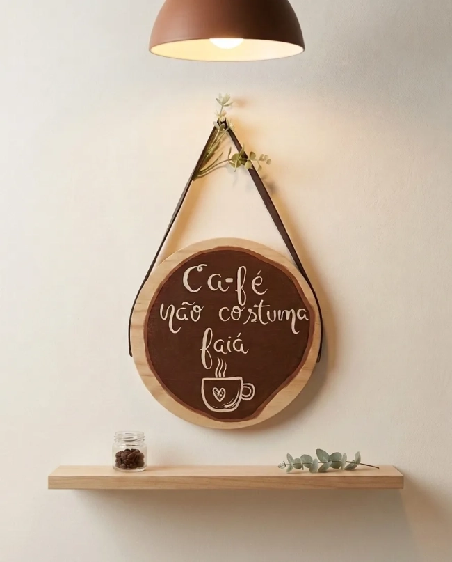 Placa Decorativa Cantinho do Café Madeira Pinus com Alça Courino 20cm
