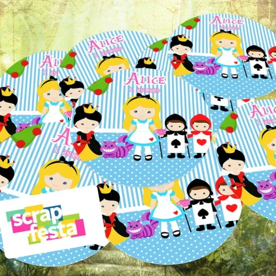 Adesivo Redondo Personalizado Alice no País das Maravilhas