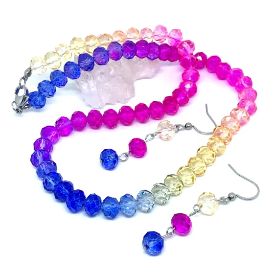 Conjunto Colar e Brincos Cristal Facetado 8 mm Tie Dye e Aço Inox