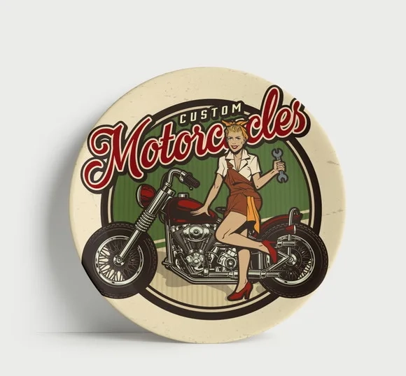 Prato Decorativo Custom Motorcycles Pin-up - Porcelana 21cm