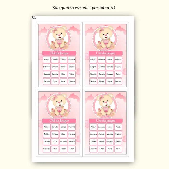 Bingo Chá de Bebê Menina Pdf Para Imprimir