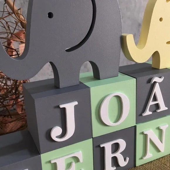 Cubos Decorativos Personalizados de MDF para Quarto de Bebê - Tema Elefantinho