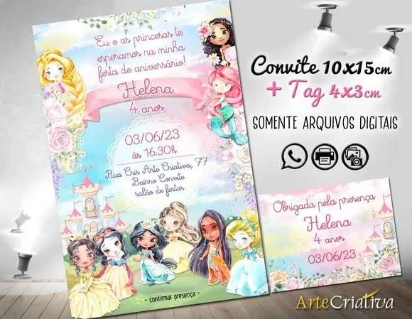 Convite Digital C/tag Princesas Disney Aquarela 2
