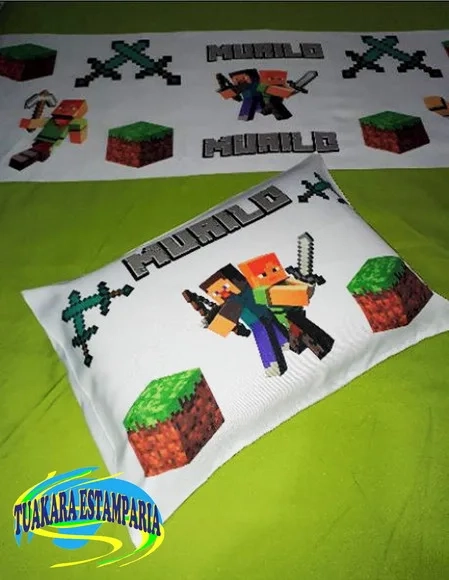Kit Cortina + Lençol + Fronha Tema Minecraft