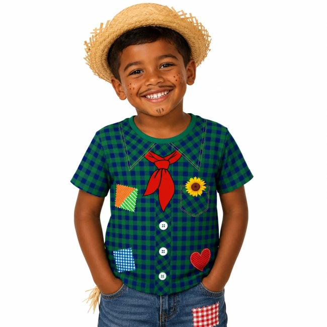Camiseta infantil Caipira Verde Xadrez com Remendos – Festa Junina Menino