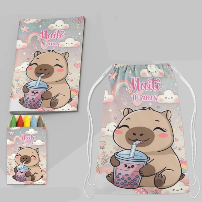 Kit Mochila e Revista de colorir para lembrancinha da Capivara
