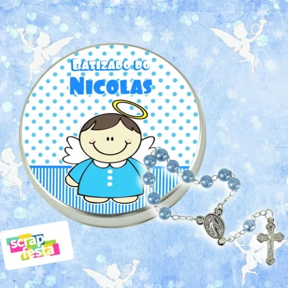 Latinhas Personalizadas Festa Batizado + Mini Terço Azul