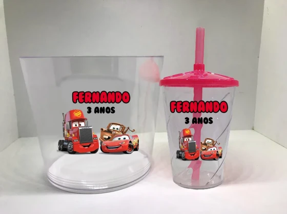 Kit Balde de Pipoca acrilico + Copo twister Personalizado dos Carros Disney