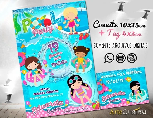CONVITE DIGITAL C/TAG Pool Party Menina
