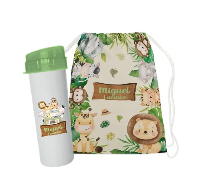 kit mochilinha e Garrafinha tema Safari