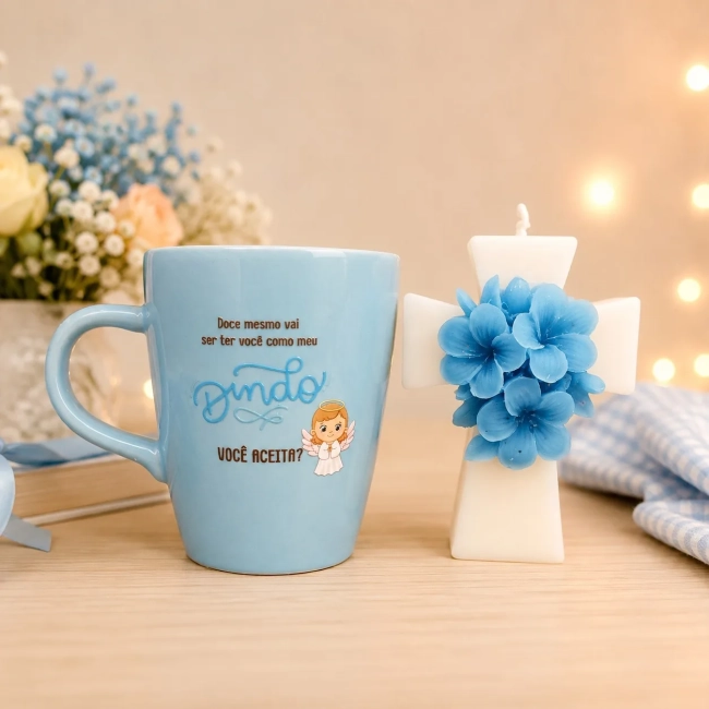 Xícara Personalizada com Vela em formato de Cruz Flor - Pedido de Madrinha e Parinho