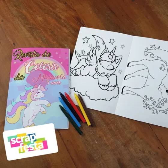Revista Colorir + Giz de Cera Festa Unicórnio