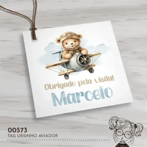 Tag Quadrada Ursinho Aviador - 00573