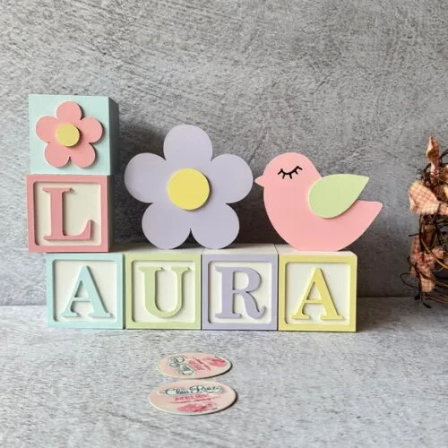 Passarinho e Flor Cubos 6x6cms Decoração Bebê e Maternidade