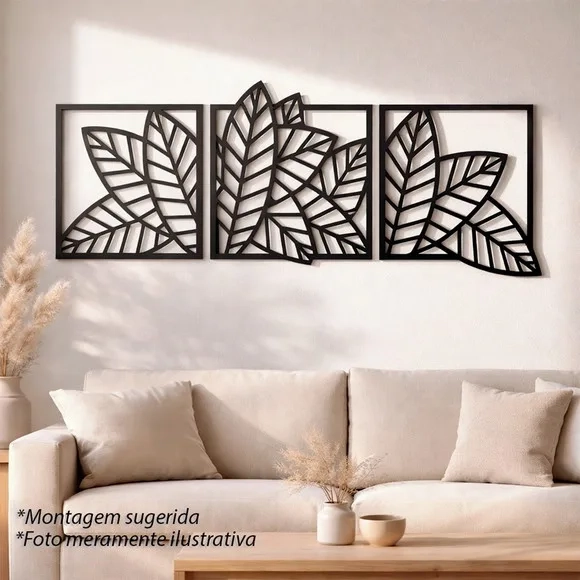 Trio Quadros Decorativos Vazados Folhagem 3d Preto mdf