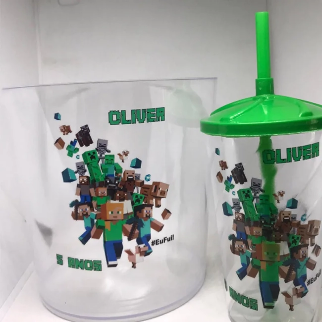 Kit Balde de Pipoca acrilico + Copo twister Personalizado Minecraft