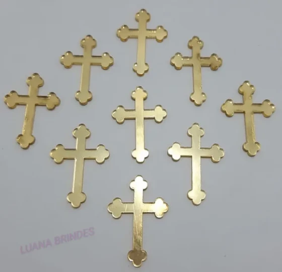 Aplique Cruz de Acrílico Espelhado Dourado - Pct C/50 Unid