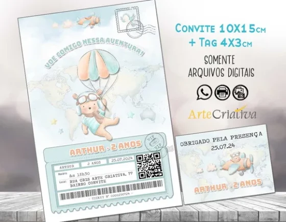 Convite Digital C/tag Ursinho Aviador Tempo Voa 2