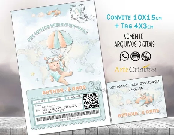 Convite Digital C/tag Ursinho Aviador Tempo Voa 2