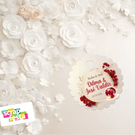 Tag Redonda Escalopada com Furinho Casamento Bodas de Rubi