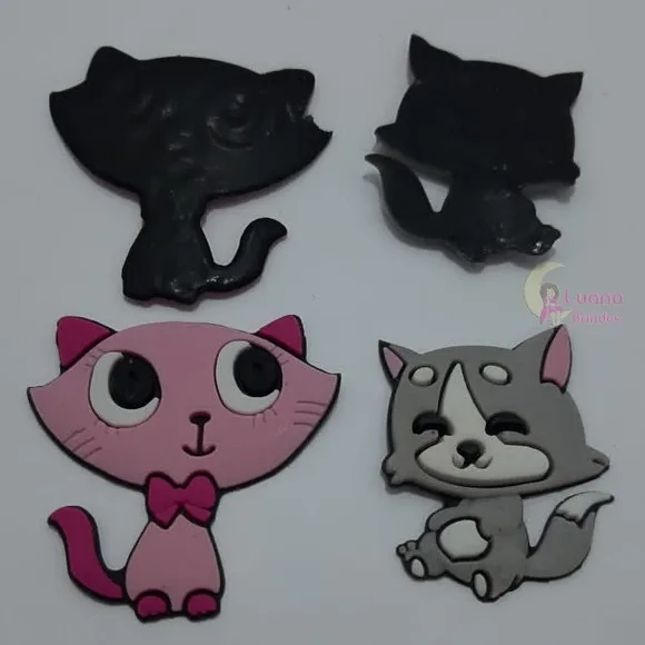 Apliques Gatinhas Rosa e Cinza de Borracha - Pct C/6 Unid