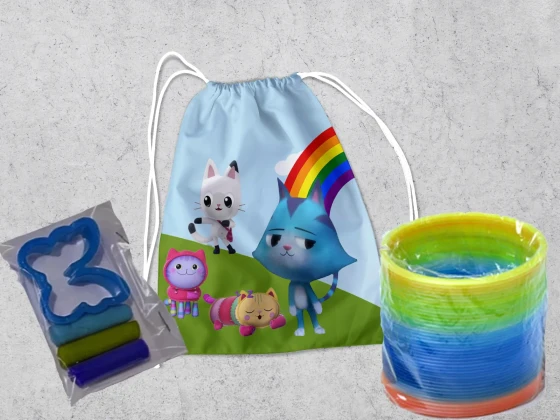 Kit Mochilinha + Mini Massinha de modelar e Mola Maluca Casa Magica da Gabby