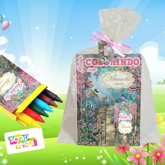 Revista Colorir+embalagem+giz de Cera Festa Jardim Encantado