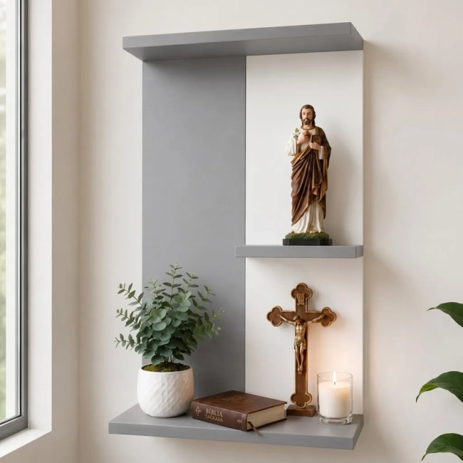 Altar de Devoção de Parede com LED em MDF Amadeirado e Branco 54x30cm