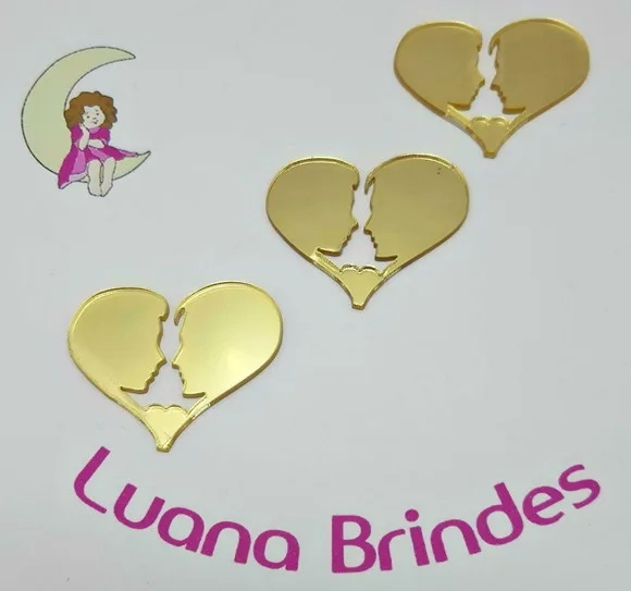 Aplique Coração Casal de Acr Espelhado Dourado-4cm- 4 unid