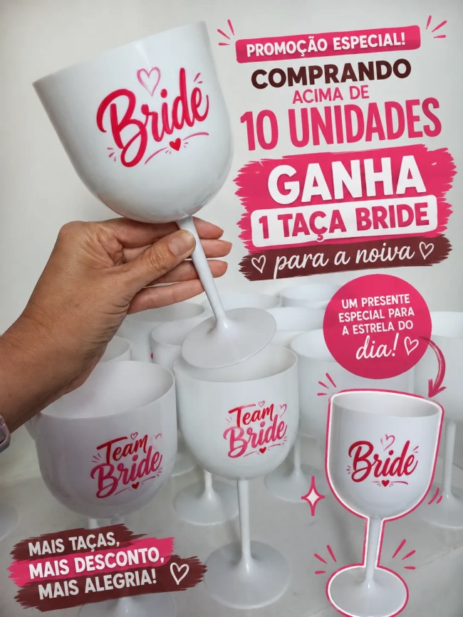 10 Taça 550ml Team Bride Personalizada DTF Acrílica Branca | Despedida de Solteira | Chá da Noiva