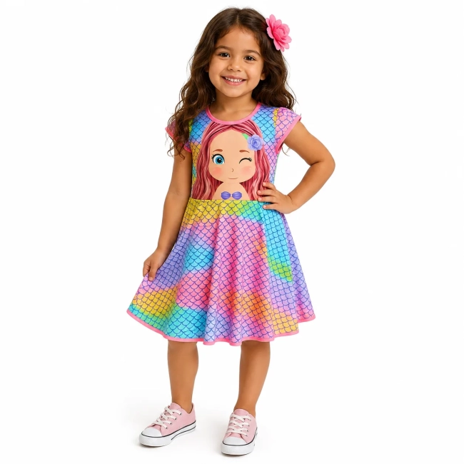 Vestido Infantil Sereia Colorido Arco-Íris – Fantasia Oceano para Meninas | Ricardo Fantasias