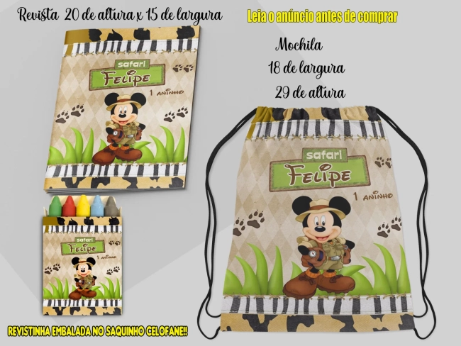 Kit Lembrancinhas Mochila e Revista de colorir do Mickey Safari