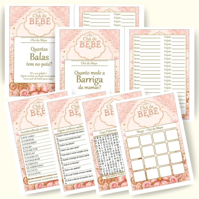 Kit 4 Brincadeiras Chá de Brincadeiras para Imprimir PDF Personalizado