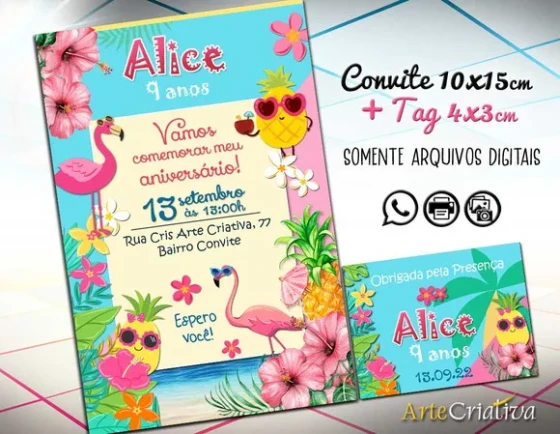 Convite Digital C/tag Flamingo Abacaxi
