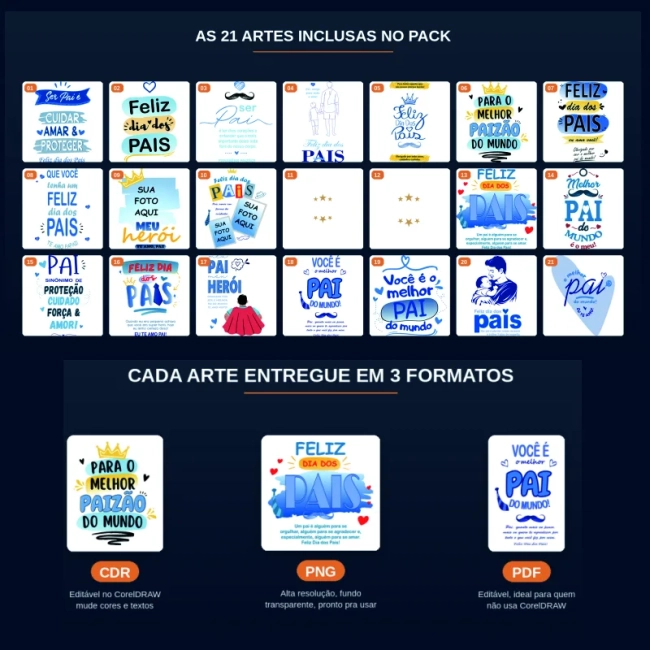 21 Artes Dia dos Pais — Sublimação e DTF (Editáveis em Corel, PNG e PDF)