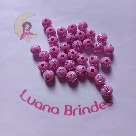Bolinha Rosa com Cruz Prata 8mm Pct 100 Unidades