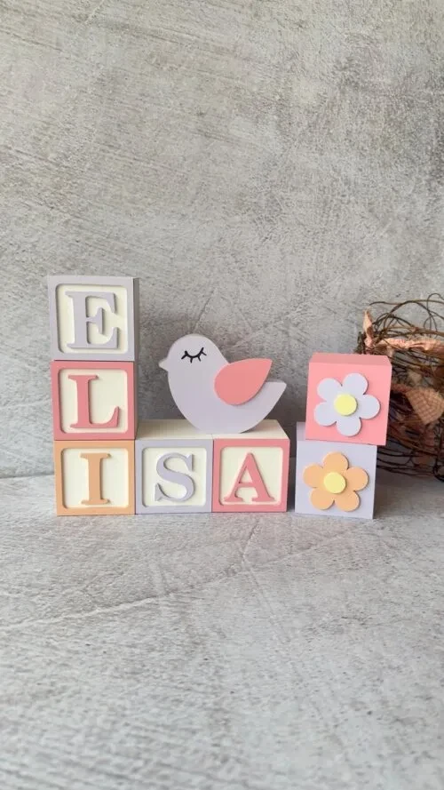 Passarinho + Cubos 6x6cm Ts - Decoração Bebê e Maternidade