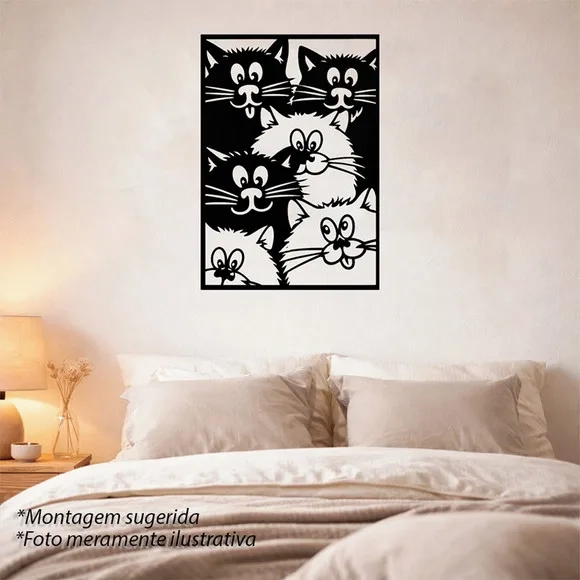 Quadro Decorativo Vazado Seis Gatos 3d Preto mdf