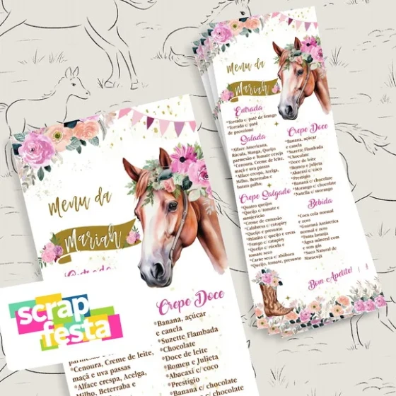 Menu Cardápio Personalizado Festa Cavalo Floral Aquarela